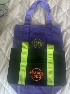 NWT Set Trader Joe's Reusable Tote Bags. Purple, black, neon green.